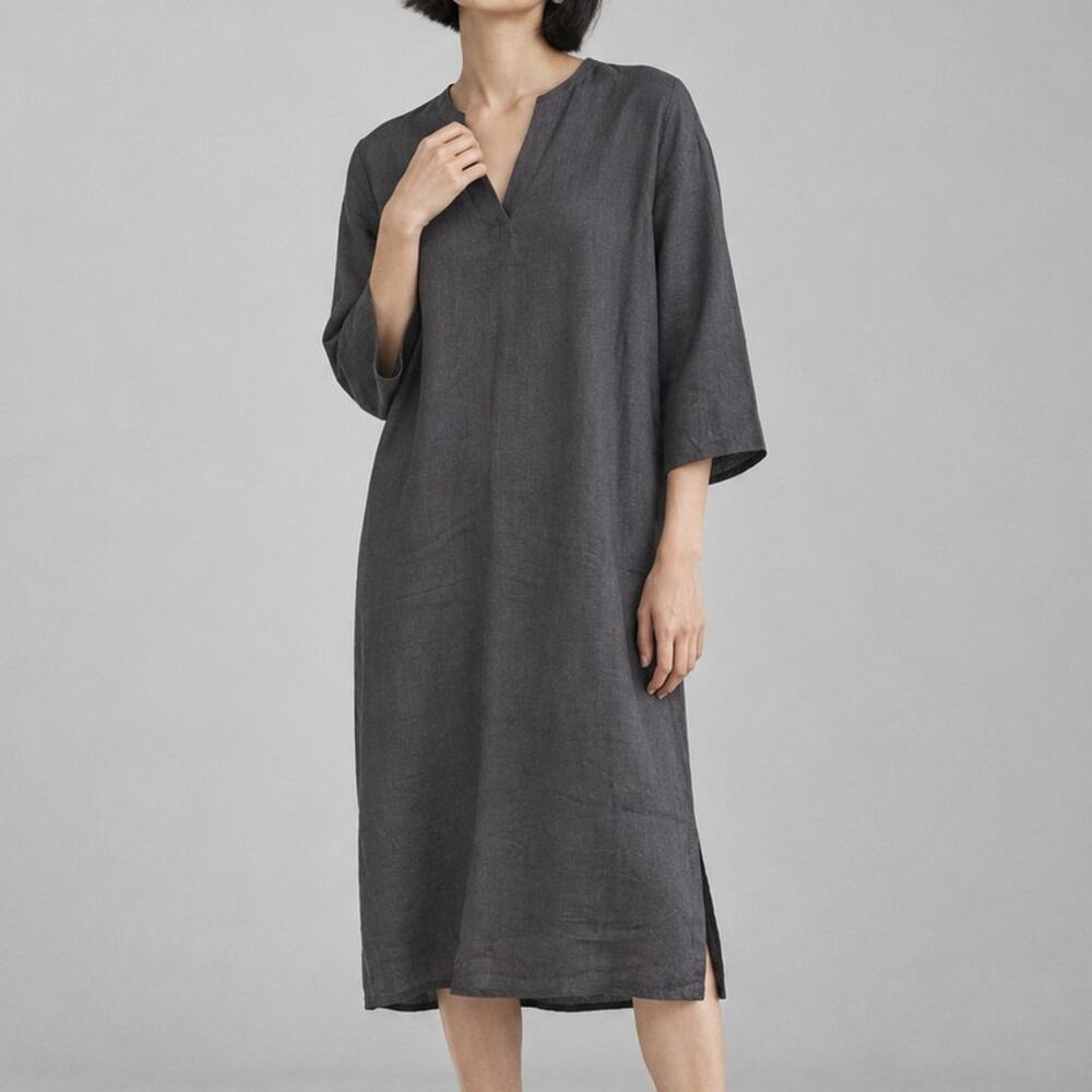 Vince Linen Shirt Midi Dress Womens S Black V-neck Half Sleeve Tunic Relaxed NWT
